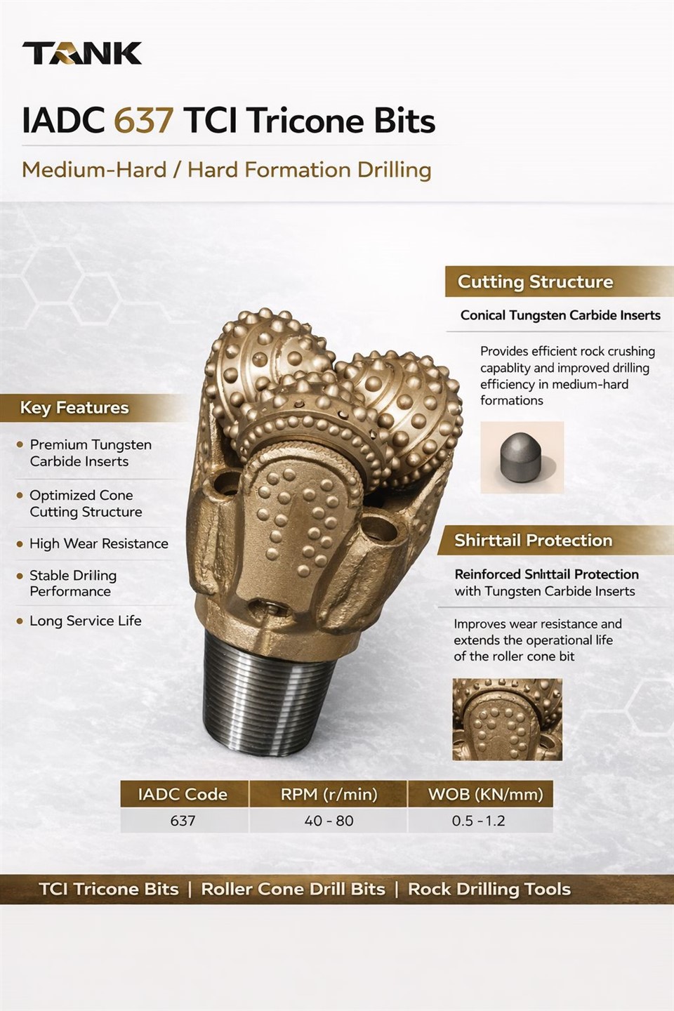 IADC 637 TCI Tricone Bits għat-tħaffir ta'-Medju għal Rock Hard